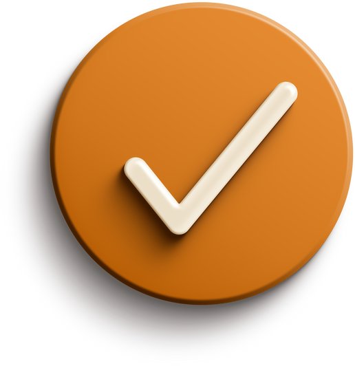 Orange round 3D check icon with drop shadow